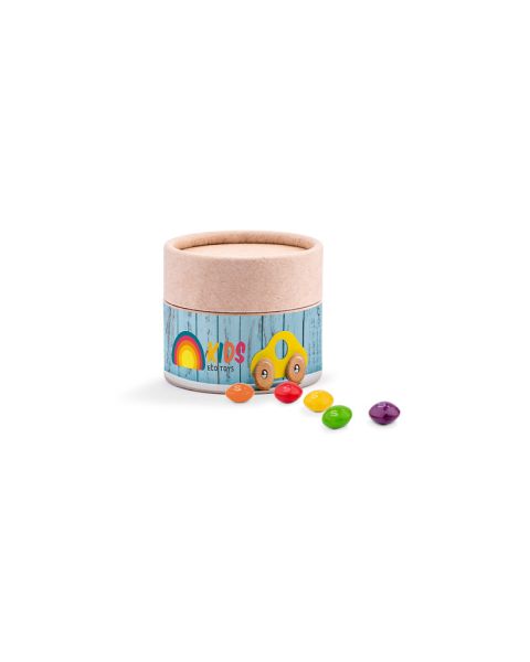 Mini paper tin Skittles chewy sweets with paper label and logo print