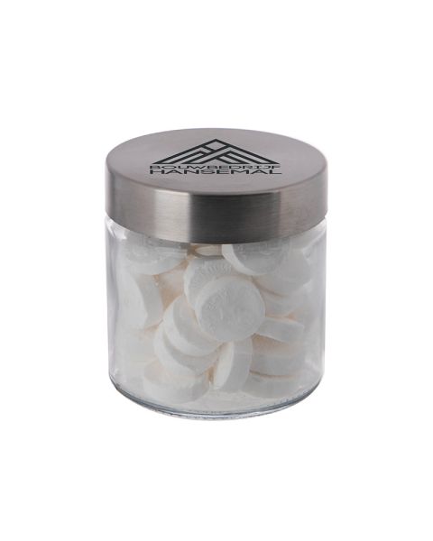 0.35 l glass jar filled with Wilhelmina peppermint and promotional print
