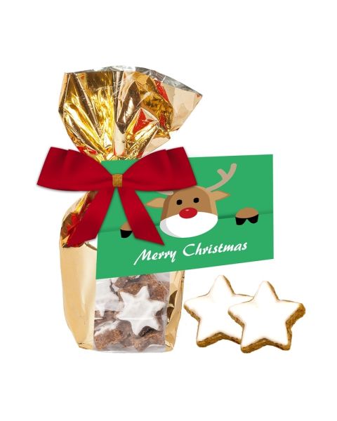 Organic cinnamon stars in gold foil with customised advertising card