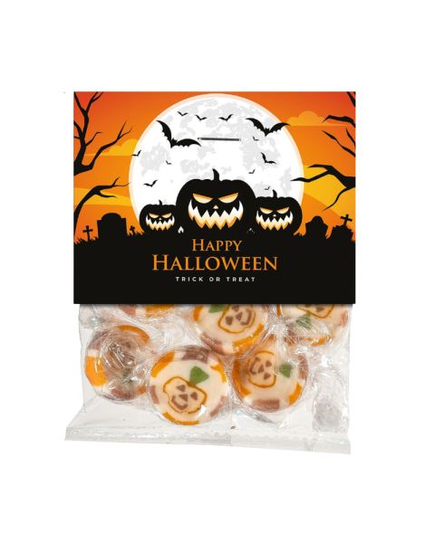 Rock hard caramel sweets in bags with standard Happy Halloween tab