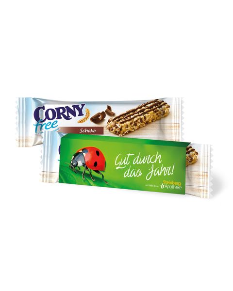 CORNY free chocolate muesli bar in promotional sleeve with logo print