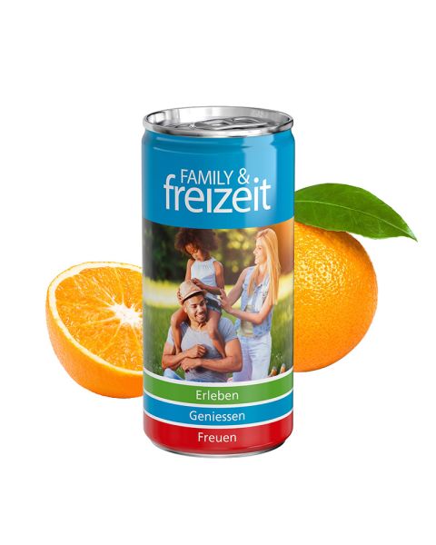 Orange juice in a promotional beverage can with logo print