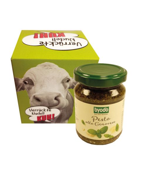 125 g byodo organic pesto alla Genovese in a folding box with promotional print