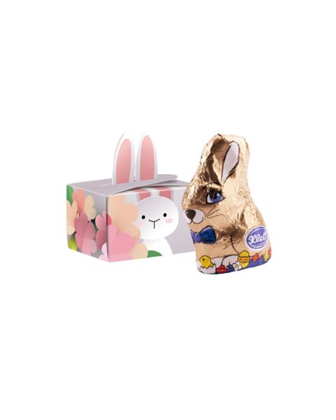 Sticky Easter bunny in mini gift box with rabbit ears and advertising print