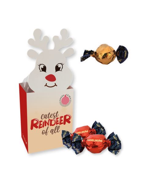 75 g Weihnachtspralinés Rentier mit Cappuccinocremefüllung in Motivkartonage mit Logodruck