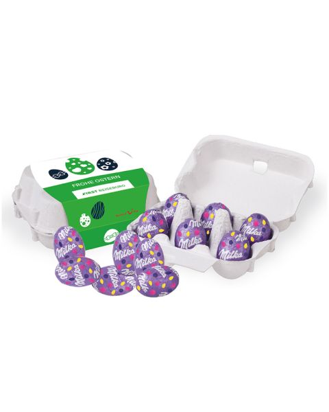 Milka Alpine Milk Eggs, set of 6 in egg carton with advertising sleeve