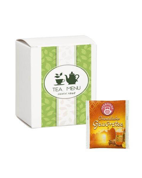 20 g Oriental spiced tea bags in a folding box with promotional print