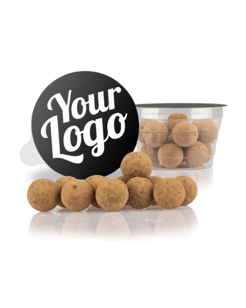 50 g chocolate balls with liquorice centre in snack cup with promotional seal
