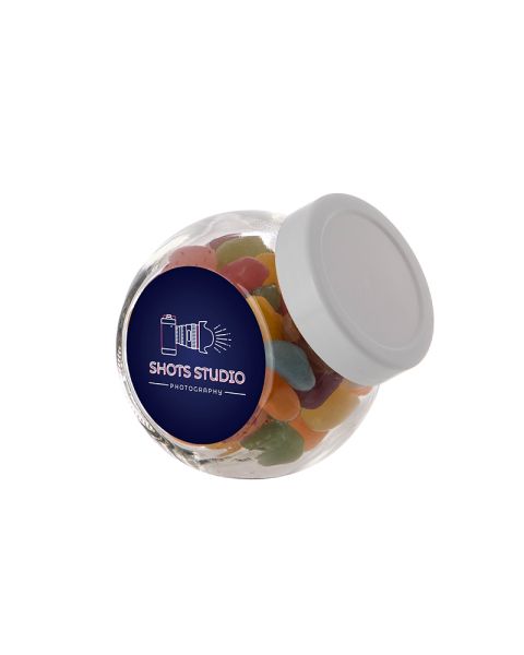 0.2 litre Slanted Jar filled with jelly beans and with promotional label