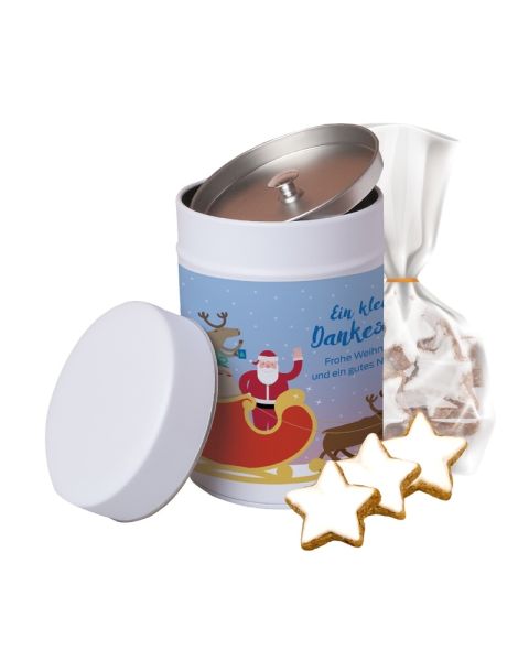 100 g organic cinnamon stars in a biscuit tin with advertising label