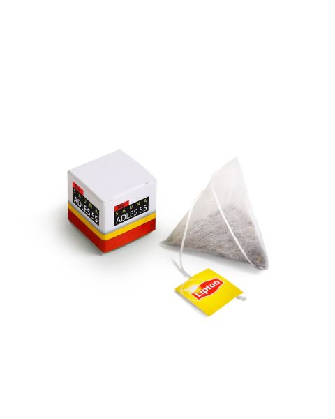 Tea in square cardboard box with logo