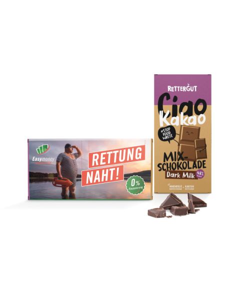 80 g bar of Rettergut dark milk chocolate mix in promotional slipcase