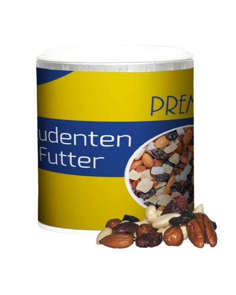 50 g premium trail mix in a cardboard tin with promotional print