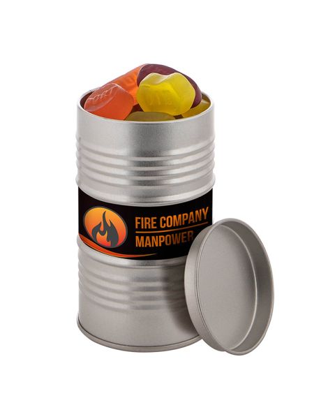 Oil barrel filled with fruit gums and promotional label