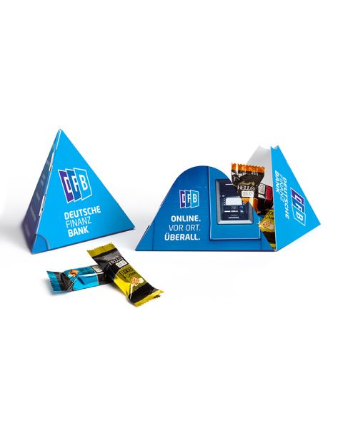 Pyramid box with Lindt HELLO mini sticks and promotional print