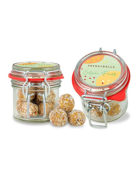 Energyballs Exotic im XS Bügelglas mit Werbeetikett