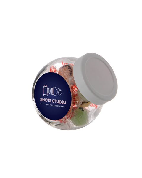 0.2 litre Slanted Jar filled with Napoleon Bonbons and with promotional label