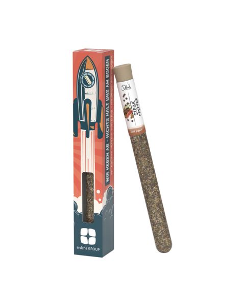Test tube S with steak pepper in promotional box with advertising print