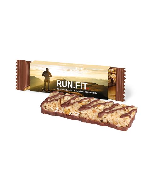 CORNY chocolate muesli bar in promotional sleeve with logo print