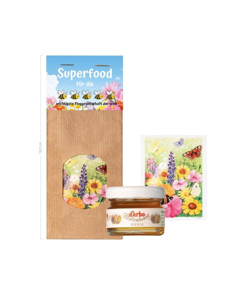 Save the Bees Flower seeds and blossom honey in paper bag with advertising insert