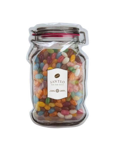 Jelly beans in maxi bags in Weck jar shapes with promotional labels