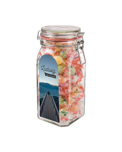1.5 litre Weck jar filled with Napoleon sweets and advertising label