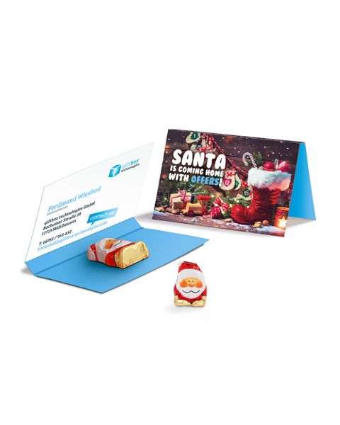 Advertising card with chocolate Santa Claus and logo print
