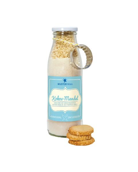 317 g coconut and almond cookie mix in a bottle with promotional label