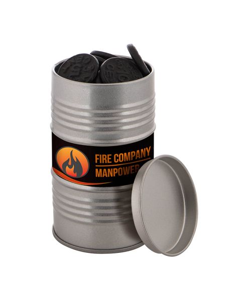 Oil barrel filled with liquorice coins and advertising label