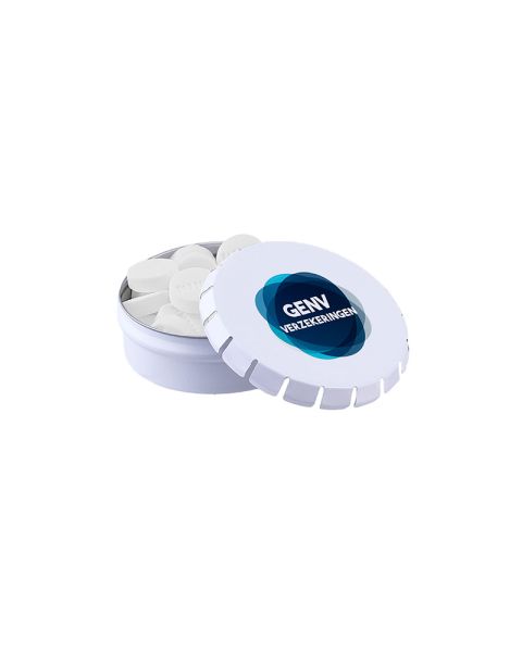 Mini click-clack tin with mini KING peppermints and logo print