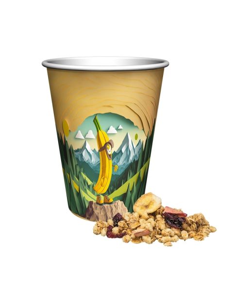 50 g crunchy fruit muesli in a promotional cup with promotional print