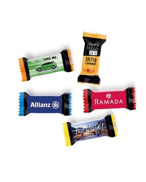 Lindt HELLO mini sticks in narrow promotional slips with logo print