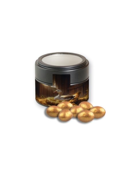 64 g goldene Salted-Caramel-Mandeln in schwarzer Metalldose Mini mit Sichtfenster und Werbeetikett