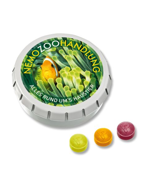 Pulmoll cough drops Super Mini push-me tin with logo print