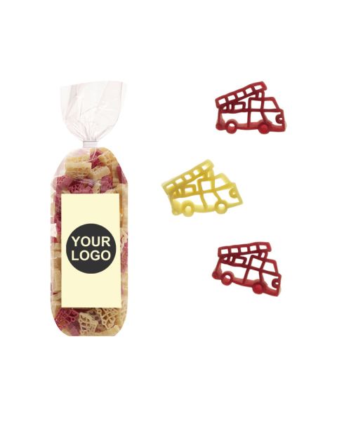 250 g Werbe-Nudeln in Feuerwehrauto-Form im Standbeutel mit Werbeetikett