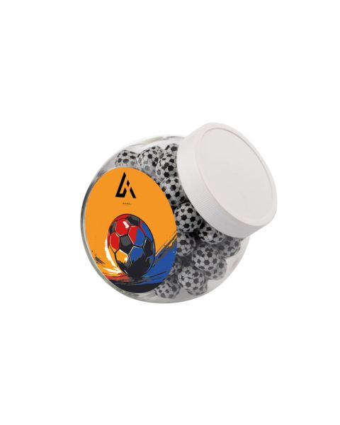 0,9 Liter Schräghalsglas mit weißem Deckel befüllt mit Schokoladen-Fußbällen und mit Werbeetikett