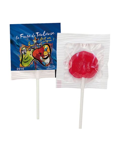 Flat lollipops in foil with promotional print