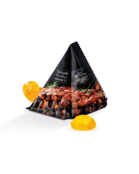 15 g vitamin fruit gums in tetrahedron shape with logo print