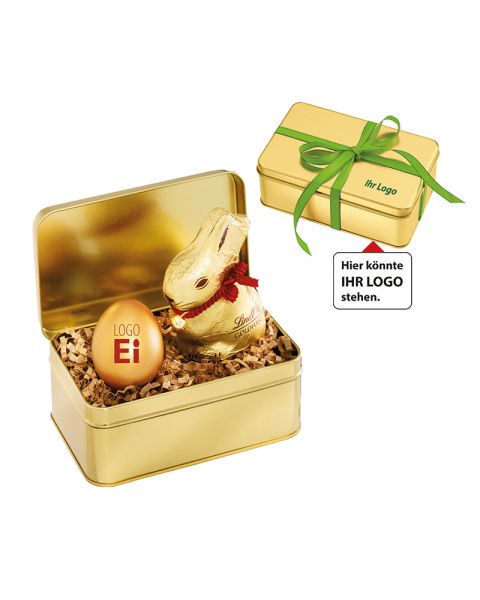 Lindt Gold Bunny and Logo Egg Gold in a gold tin with advertising