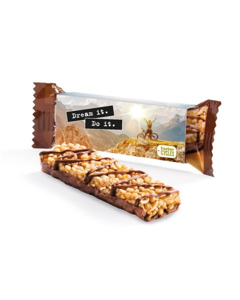 Corny chocolate muesli bars in promotional sleeve with logo print
