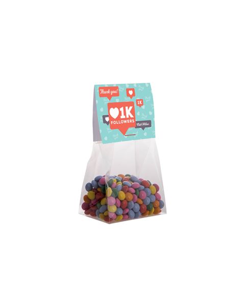 50 g mini chocolate beans in stand-up pouches with advertising tab