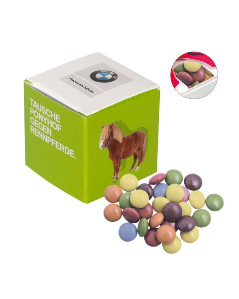 Promotional cube with vegan chocolate lentils and logo print