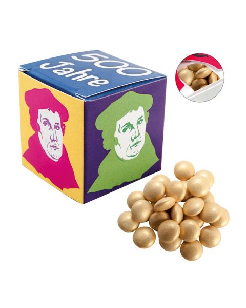 Promotional cube with golden chocolate lentils and logo print