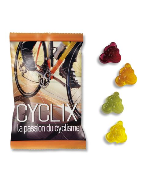 15 g fruit gums in standard shapes in promotional flow packs