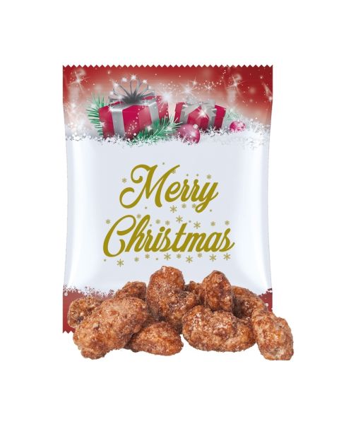 15 g organic fire-roasted almonds in promotional bag with logo print