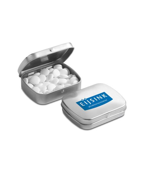 Mini hinged lid tin with peppermint pastilles and logo print