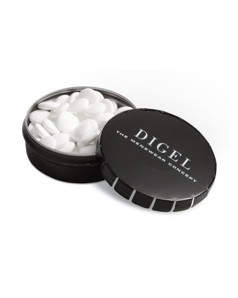 Mini Klick-Klack Dose mit Pfefferminzpastillen und Logodruck