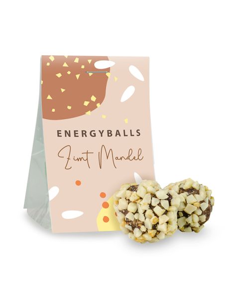 Snack bag of cinnamon almond energy balls with promotional label