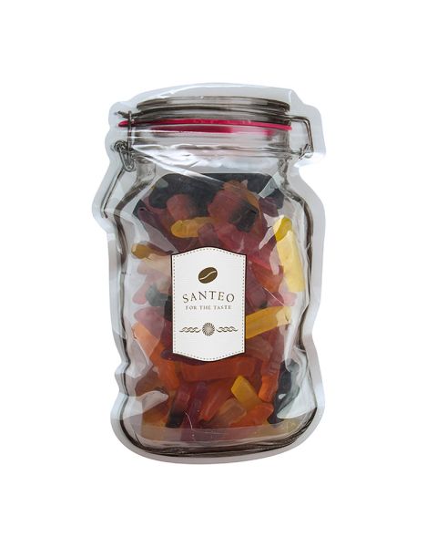 Liquorice in car shape in maxi bag in Weck jar shape with promotional label