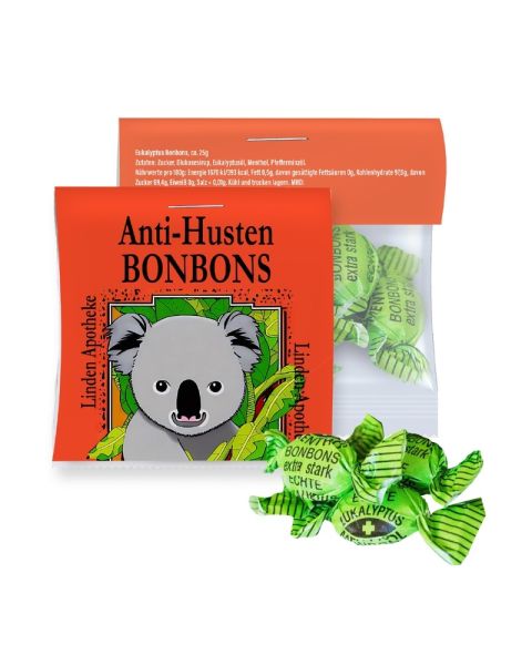 25 g Express Eucalyptus cough drops in flow pack with promotional label